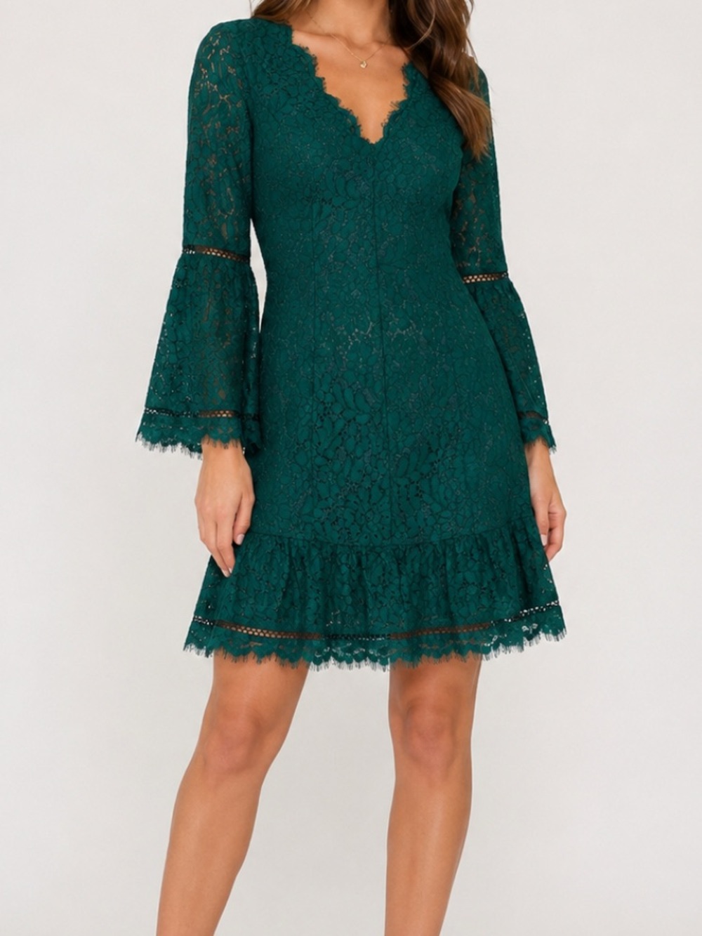 Eliza J Emerald Lace V-Neck Bell-Sleeve Mini Dress